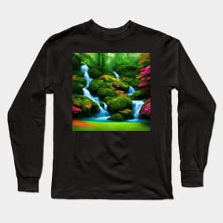 Ai Generated Art Scenery - Colourfull Mystical Forest With River Flowing Down A Lush Green Hill Long Sleeve T-Shirt